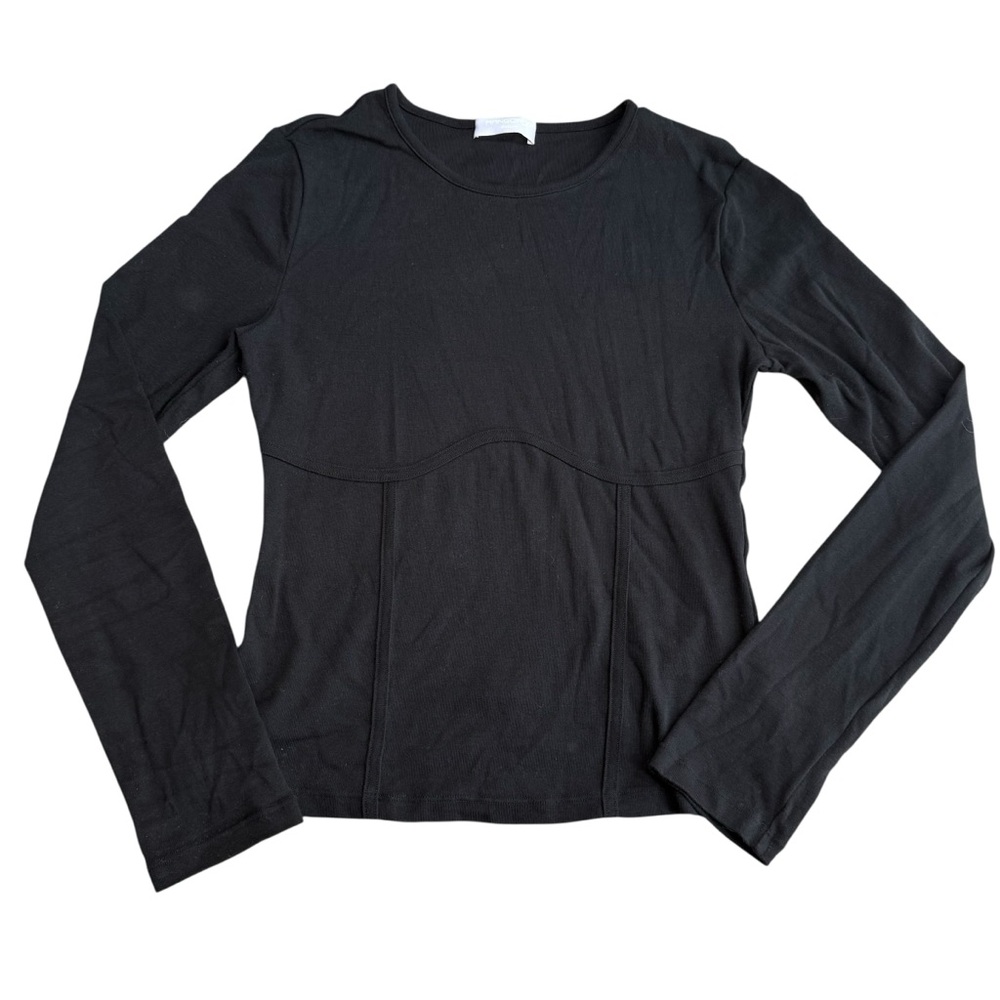 Mango Pop Size M Long Sleeve Corset Hem Tee Shirt Solid Black Elevated Basic